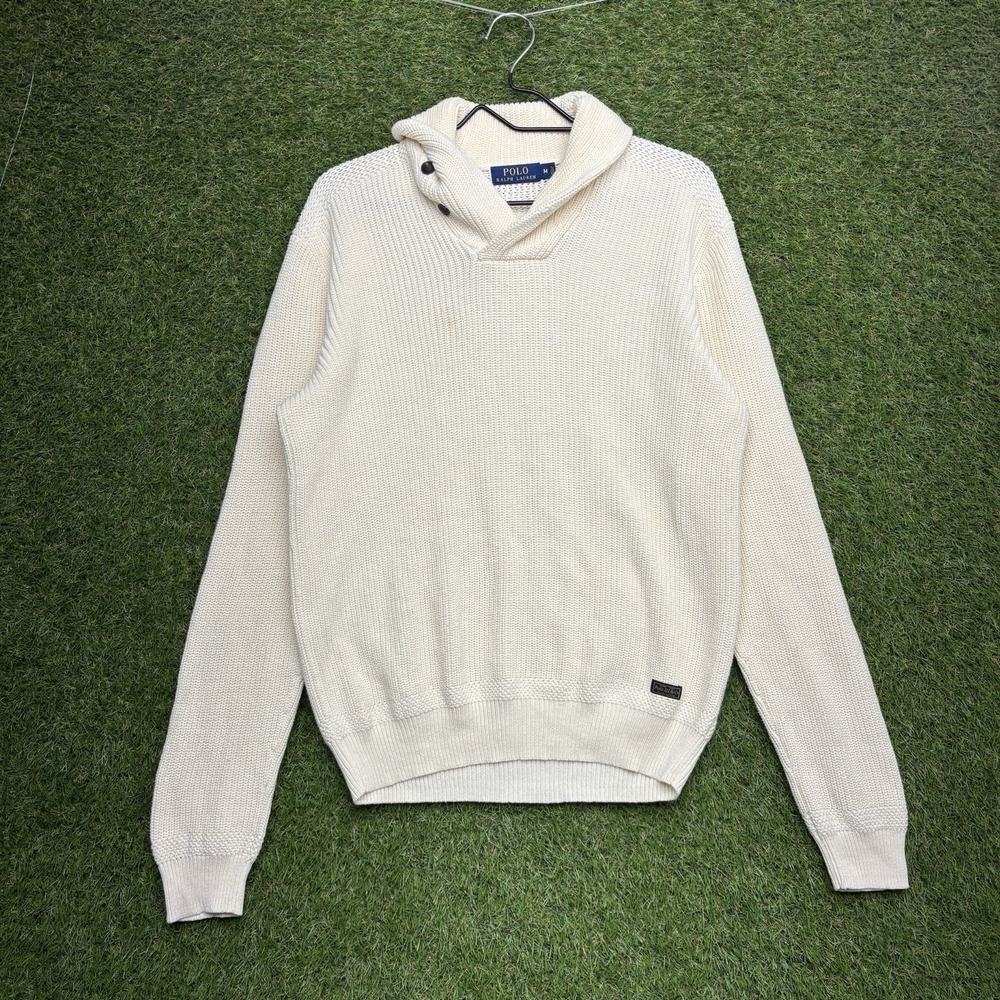 Vintage Polo Ralph Lauren Sweater Mens Medium Shawl Neck Tight Knit Cream Dress